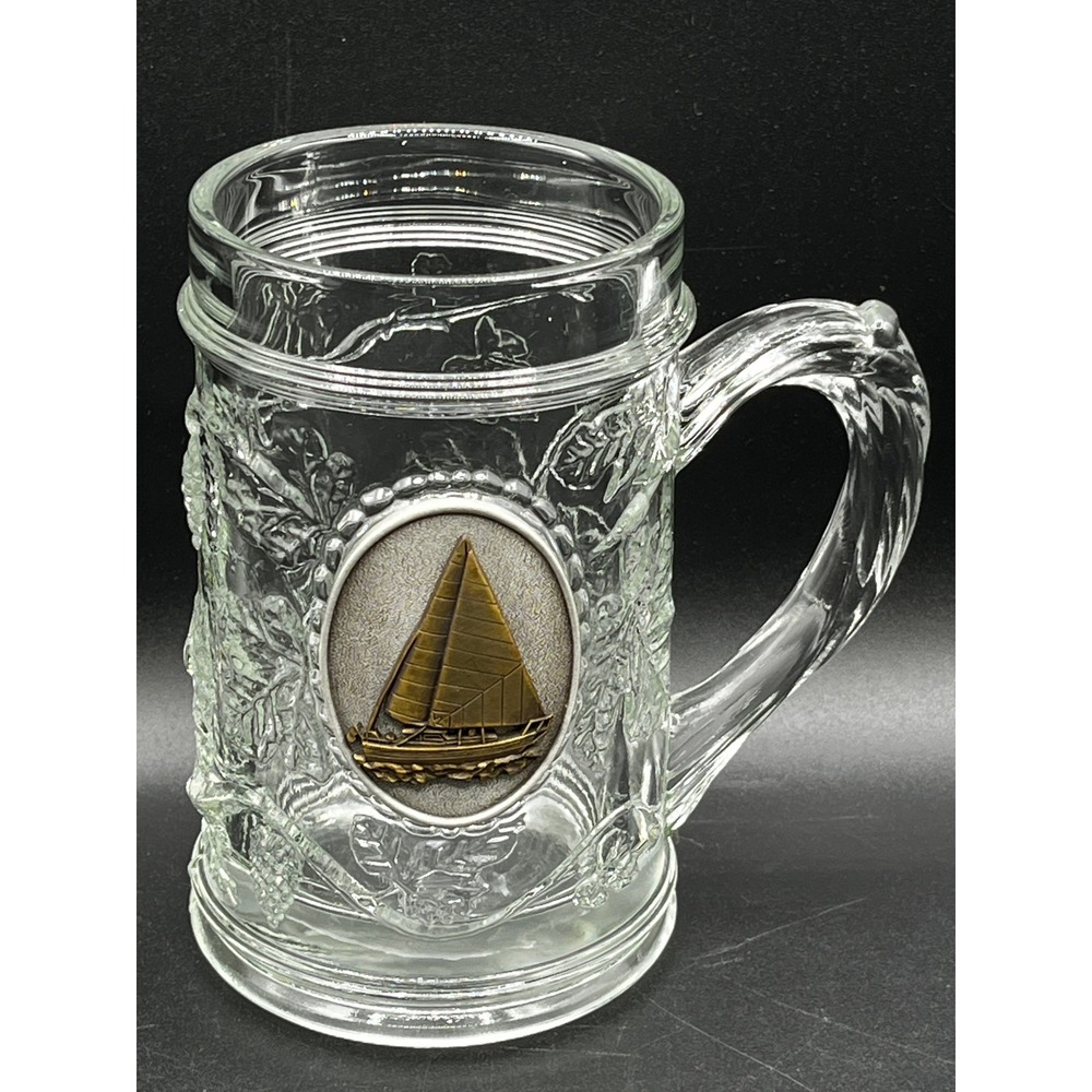 Vtg Libbey Glass Beer Stein Mug Sailboat Pewter Medallion Embossed Grape 5.25"